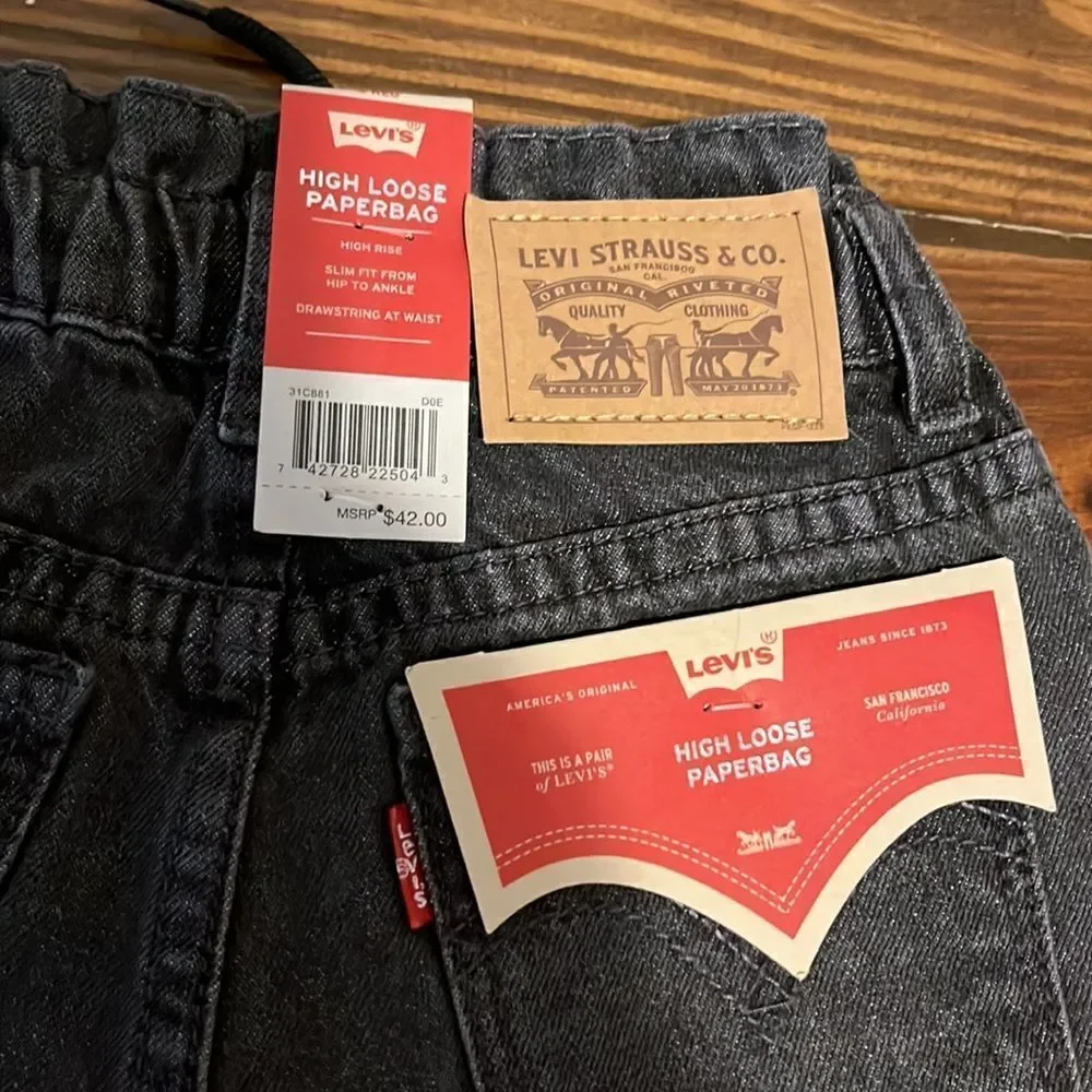 NWT Levis Kids Girls High Loose Black Paper-bag Jeans